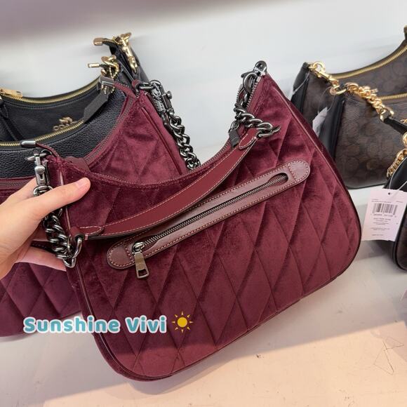 NWT COACH Teri Hobo Bag In Organic Cotton With Quilting CCW69 Gunmetal/Burgundy - Picture 2 of 5